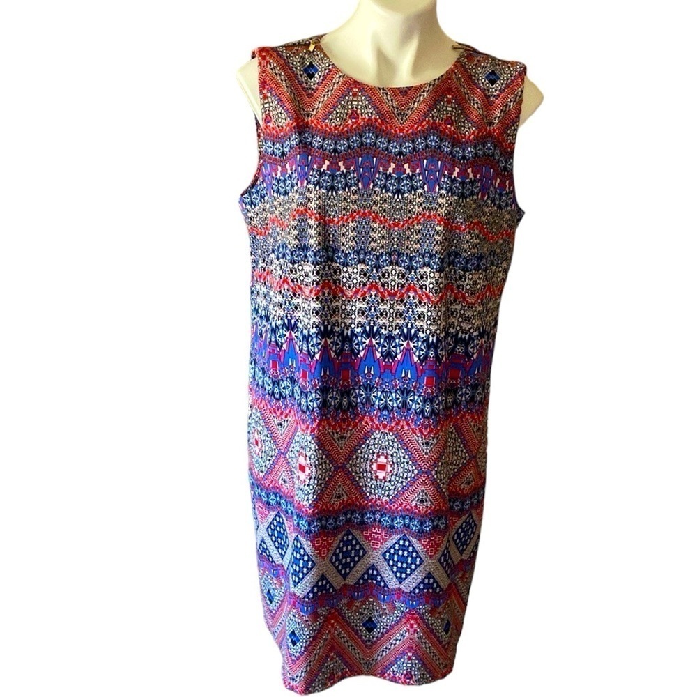 AB Studio Red and Blue Sleeveless Zipper Detail Tribal Shift Dress Plus Size